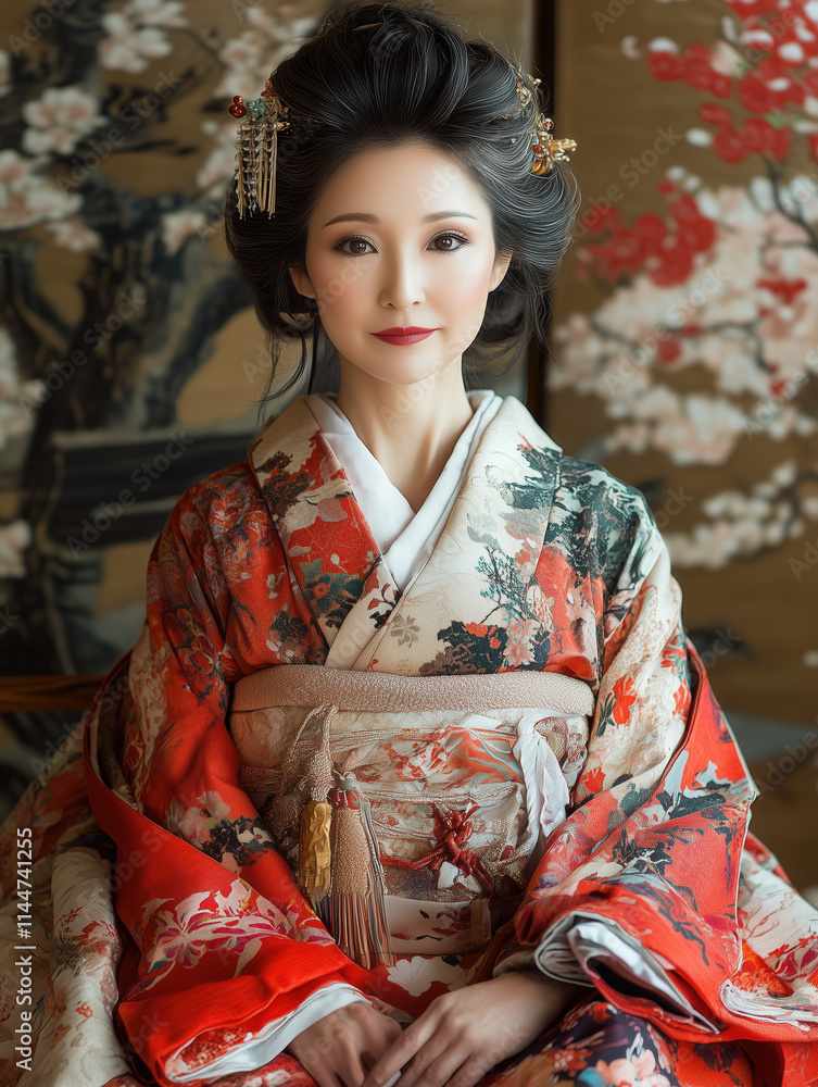 Elegant woman in traditional Japanese kimono posing before a floral backdrop in a serene indoor setting Elegant woman in traditional Japanese kimono posing before a floral backdrop in a serene indoor setting