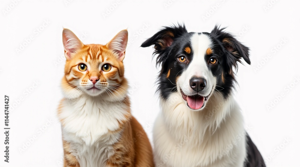 Border Collie and Orange Tabby Cat Isolated on a White Background, Dog and Cat, Pet Duo, Animal Friendship. Border Collie and Orange Tabby Cat Isolated on a White Background, Dog and Cat, Pet Duo, Animal Friendship.