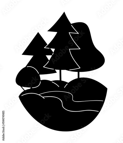 A landscape with trees and river in black and white colors. Clip art for your projects.