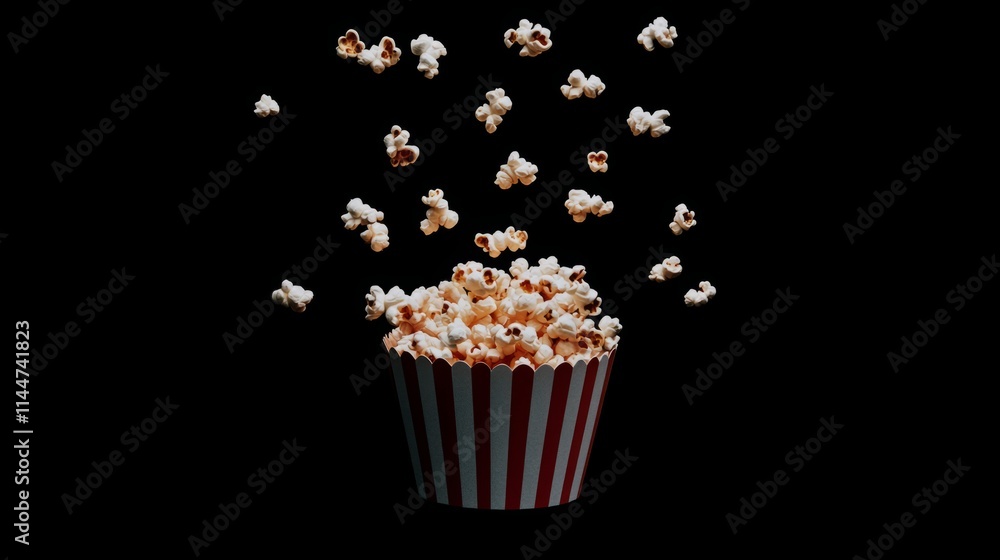 Flying popcorn from paper striped bucket isolated on black background, concept of watching TV or cinema Flying popcorn from paper striped bucket isolated on black background, concept of watching TV or cinema
