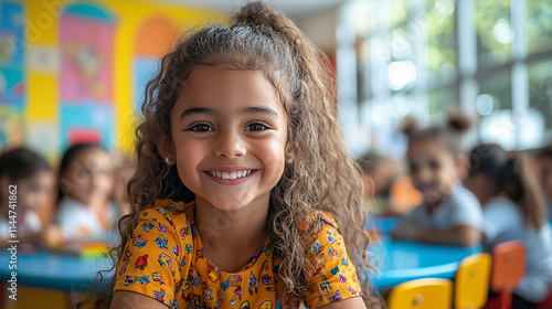 Obraz na płótnie Brazilian children smiling happily inside a bright, colorful classroom w salonie