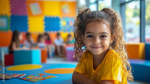 Brazilian children smiling happily inside a bright, colorful classroom