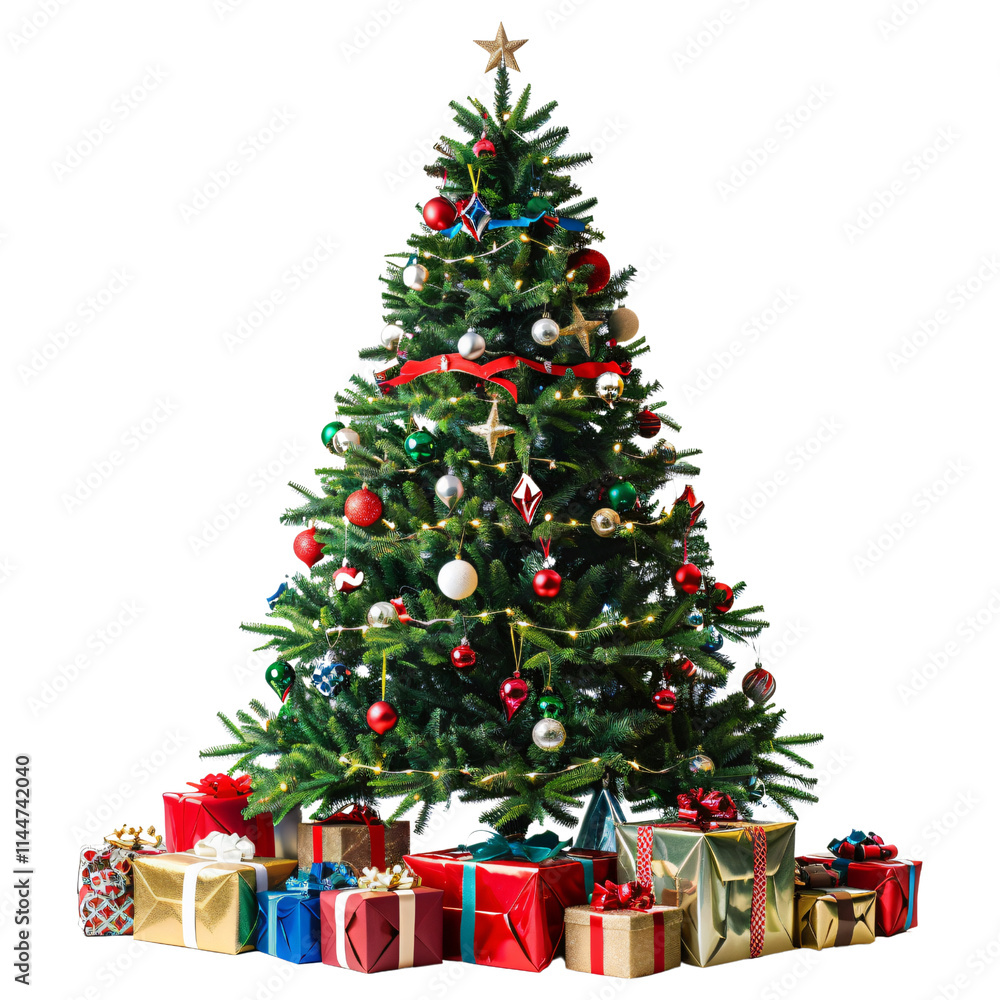 Decorated Christmas tree adorned with ornaments and surrounded by wrapped gifts isolated on transparent background Decorated Christmas tree adorned with ornaments and surrounded by wrapped gifts isolated on transparent background