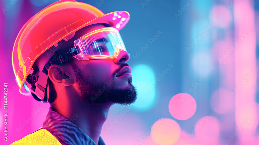 Male engineer in reflective vest and helmet, surveying with focus and determination Male engineer in reflective vest and helmet, surveying with focus and determination