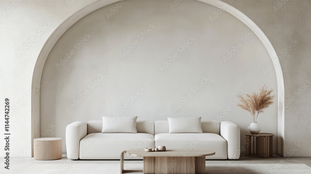 Fototapeta premium Stylish white sofa and coffee table with accent decor in a minimalist arch shaped room interior