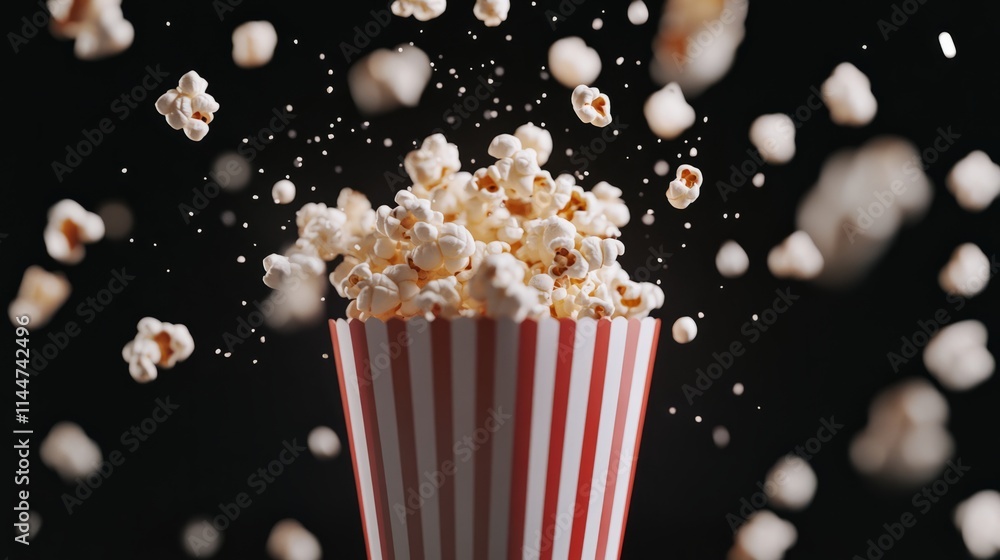 Flying popcorn from paper striped bucket isolated on black background, concept of watching TV or cinema Flying popcorn from paper striped bucket isolated on black background, concept of watching TV or cinema