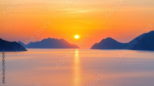 Vibrant sunset over calm ocean and silhouetted mountains.