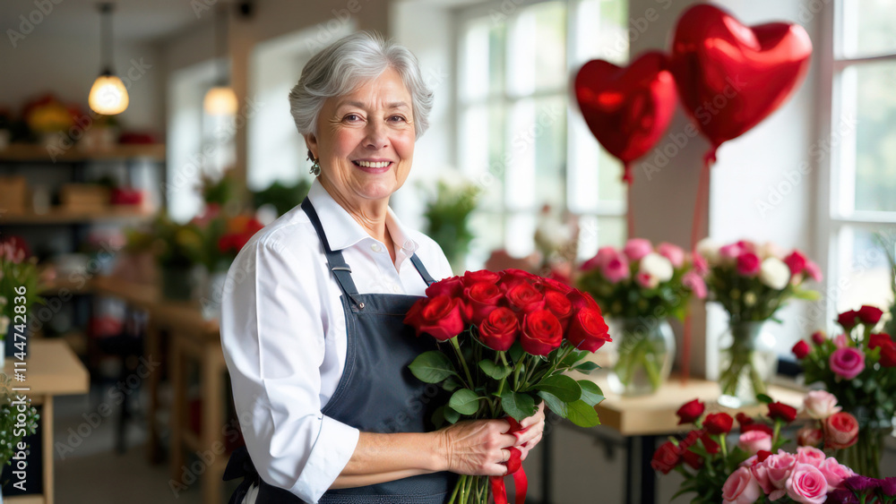 Portrait gray-haired elderly old woman florist in a biege apron holds a bouquet of flowers on the background of a flower shop with red heart-shaped balloons, Valentine's Day concept Portrait gray-haired elderly old woman florist in a biege apron holds a bouquet of flowers on the background of a flower shop with red heart-shaped balloons, Valentine's Day concept