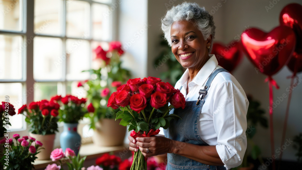 Portrait happy dark-skinned gray-haired elderly old woman florist in a biege apron holds a bouquet of flowers on the background of a flower shop with red heart-shaped balloons, Valentine's Day concept Portrait happy dark-skinned gray-haired elderly old woman florist in a biege apron holds a bouquet of flowers on the background of a flower shop with red heart-shaped balloons, Valentine's Day concept