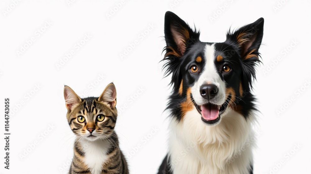 Border Collie and Striped Tabby Cat Isolated on a White Background, Dog and Cat, Pet Duo, Animal Friendship.