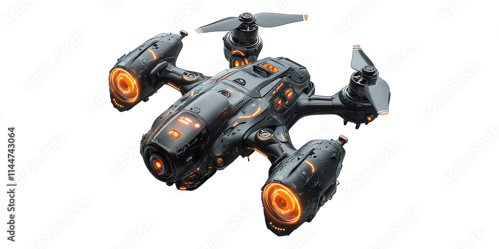 Futuristic black drone with orange lights isolated on transparent background Futuristic black drone with orange lights isolated on transparent background