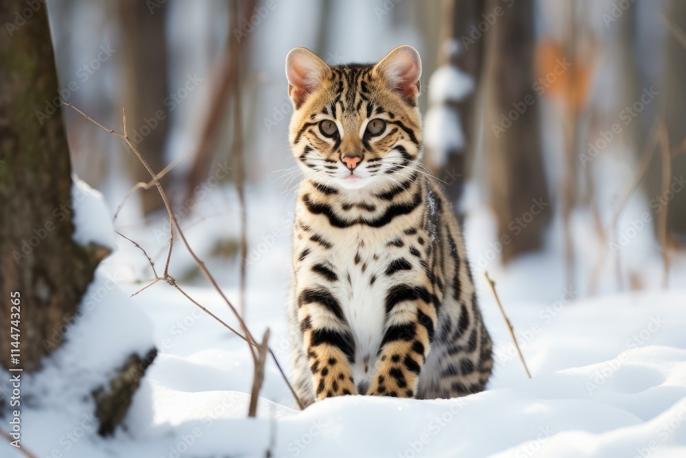 Savannah cat enjoying a snowy forest landscape, showcasing its beautiful coat and captivating gaze