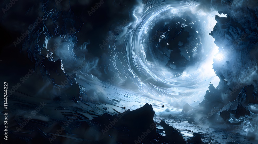 Alien planet, swirling nebula, dark landscape, icy rocks. Alien planet, swirling nebula, dark landscape, icy rocks.