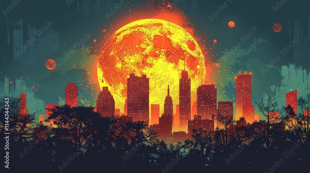 A vibrant city skyline under a large, fiery moon with a cosmic backdrop. A vibrant city skyline under a large, fiery moon with a cosmic backdrop.