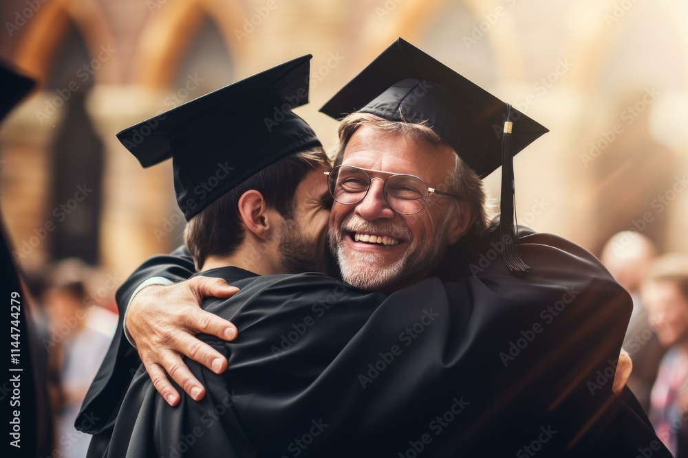 Fototapeta premium Happy father and son hugging during graduation ceremony, celebrating academic achievement and family bond