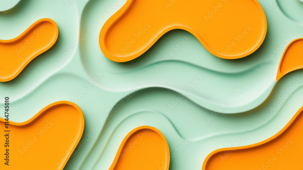 A seamless pattern of abstract droplet shapes, vivid sunset orange against a pale mint green background, sharp and clear separation of colors, modern and minimalistic, hd quality --chaos 10 --ar 16:9 