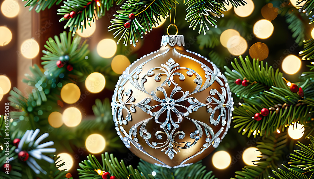 Gold Christmas Ornament with Silver Filigree on Decorated Tree Gold Christmas Ornament with Silver Filigree on Decorated Tree
