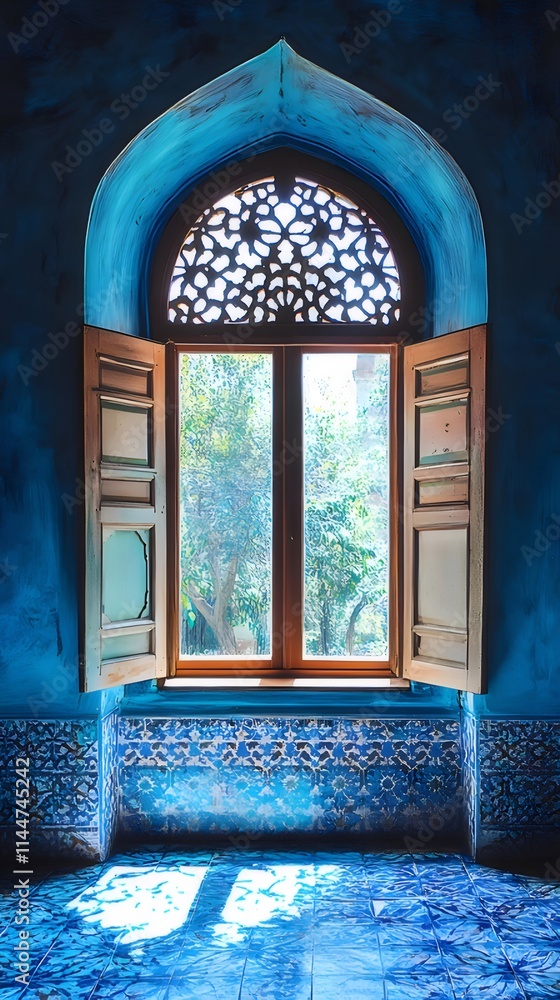 Ornate window with blue walls and tiled floor, sunlight streaming in. Ornate window with blue walls and tiled floor, sunlight streaming in.