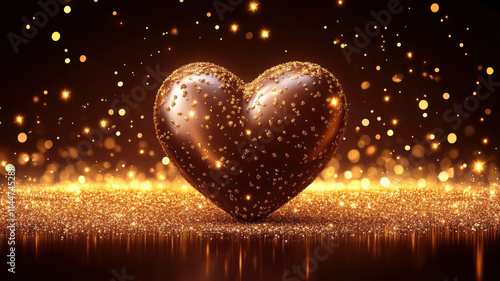 bronze colored heart sparkles against shimmering golden background, creating romantic and festive atmosphere. This evokes feelings of love and celebration