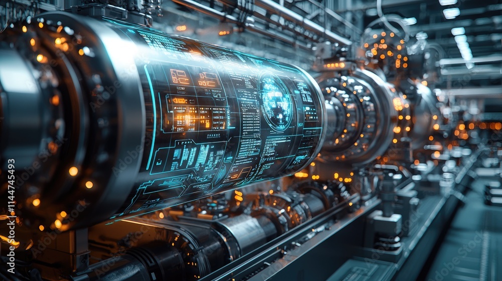 Futuristic industrial machine with digital display in high-tech factory setting Futuristic industrial machine with digital display in high-tech factory setting