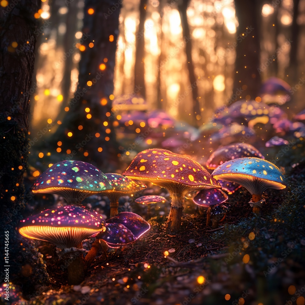 Glowing mushrooms at forest floor, magical light. Glowing mushrooms at forest floor, magical light.