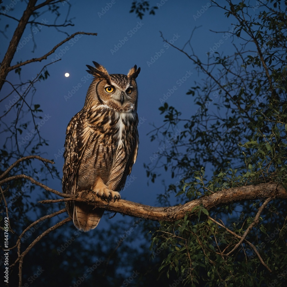 Obraz premium owl_twilight_forest: A majestic owl perched on a branch against a twilight sky in a dense forest.