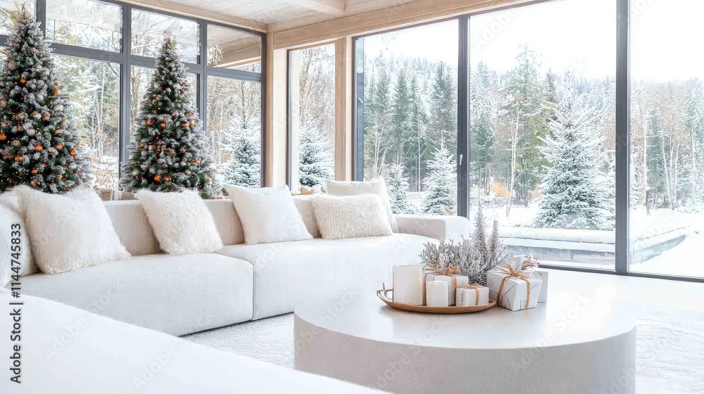 Cozy winter living room with Christmas trees, presents, and snowy view. Cozy winter living room with Christmas trees, presents, and snowy view.