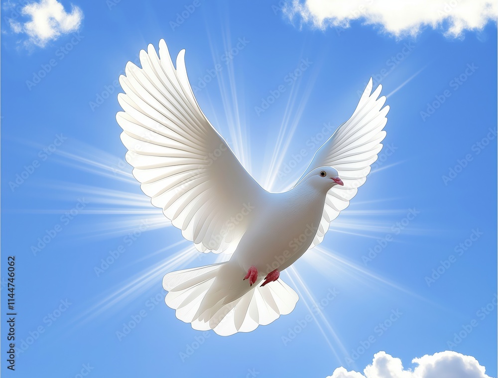 Obraz premium White dove flying in the blue sky, serenity, tranquility concept