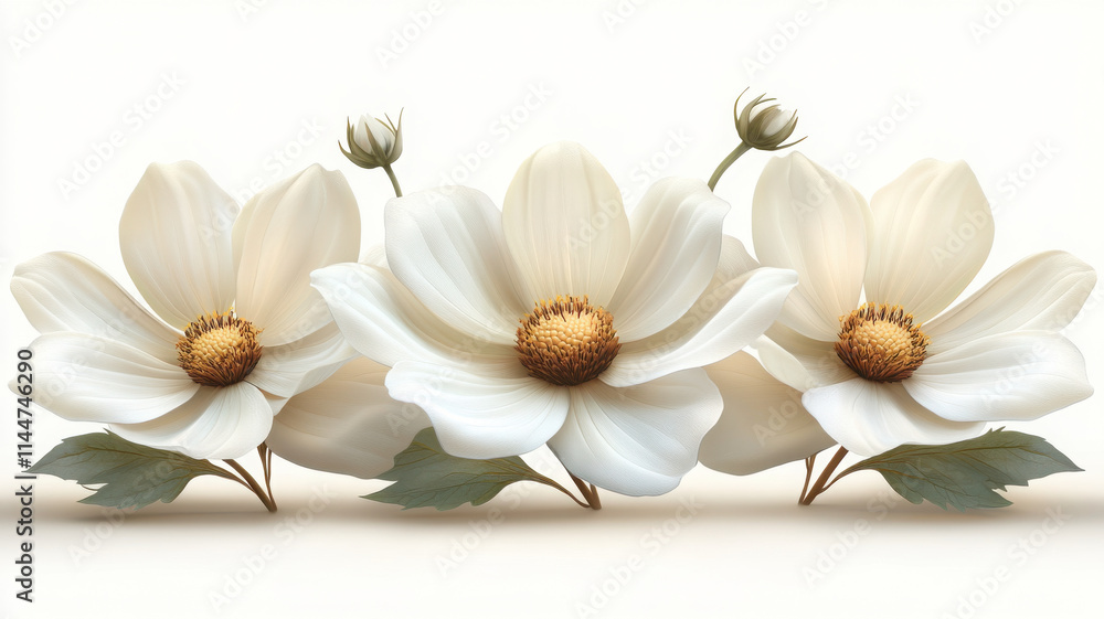 beautiful arrangement of white flowers with golden centers and green leaves, creating serene and elegant display. Perfect for floral designs and nature themes beautiful arrangement of white flowers with golden centers and green leaves, creating serene and elegant display. Perfect for floral designs and nature themes