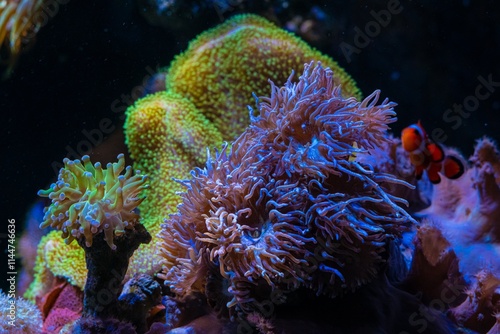 duncan coral colony, LPS polyp glow in LED blue light, torch coral move tentacle on frag plug, live rock nano reef marine aquarium, pet for beginner aquarist, shallow dof, wave maker laminar flow photo