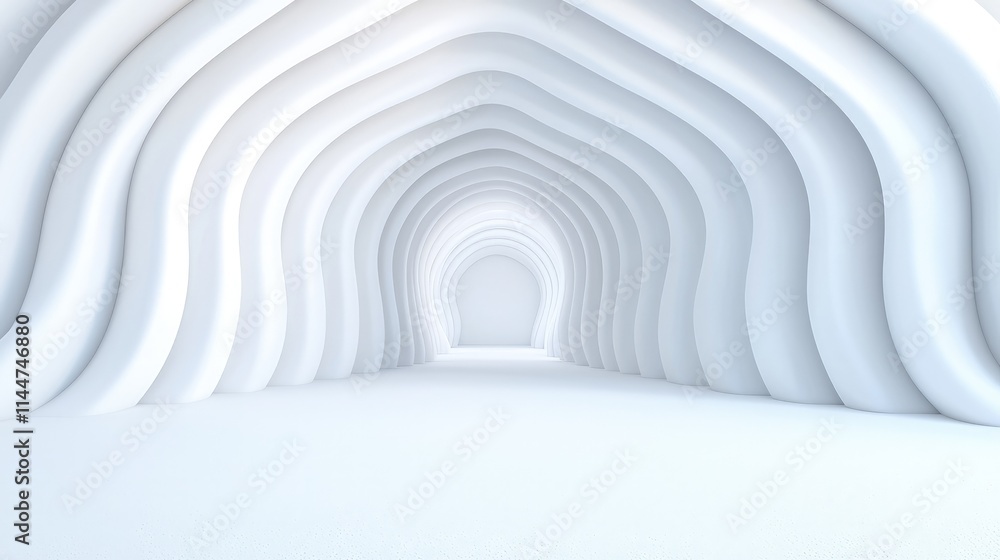 Obraz premium Abstract white tunnel with arched walls and soft lighting.