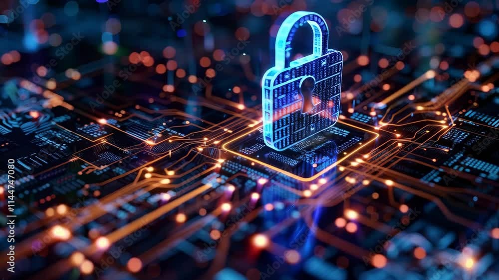 Digital padlock glowing blue on circuit board with neon connections cybersecurity concept Digital padlock glowing blue on circuit board with neon connections cybersecurity concept