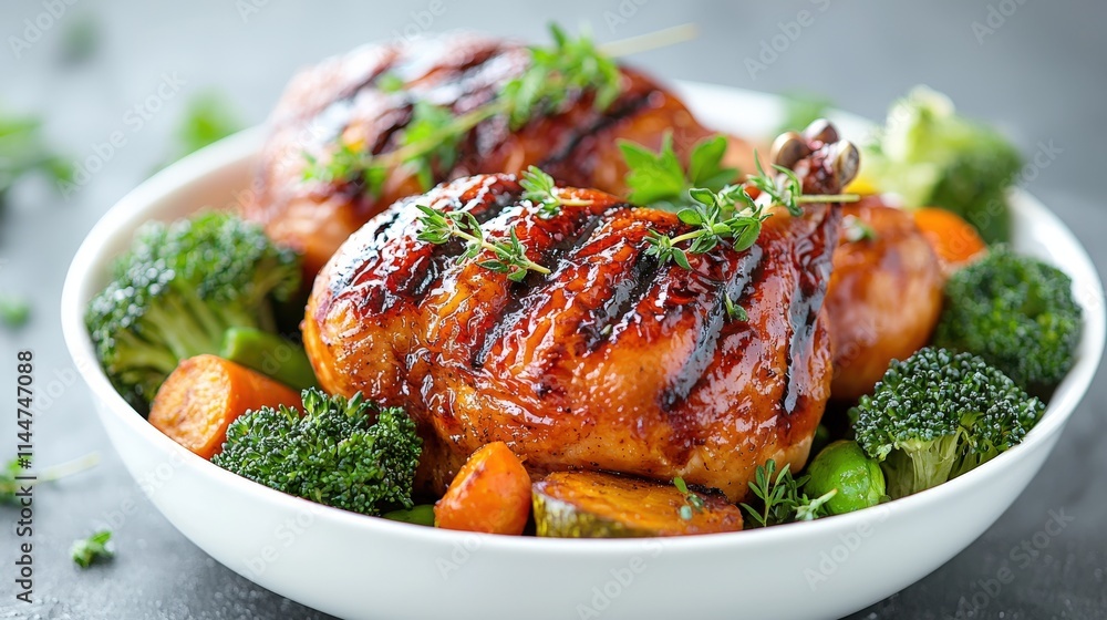Grilled chicken with glazed marinade served with roasted broccoli, carrots, and green beans. Grilled chicken with glazed marinade served with roasted broccoli, carrots, and green beans.