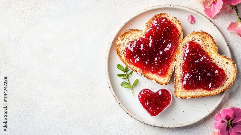 Romantic breakfast idea with toast and heart-shaped jam, styled on a clean, light background Romantic breakfast idea with toast and heart-shaped jam, styled on a clean, light background