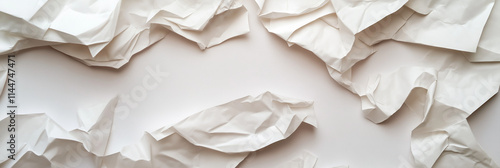 A composition of crumpled white paper sheets spread across a flat surface, representing creativity, brainstorming, and the process of ideation. photo