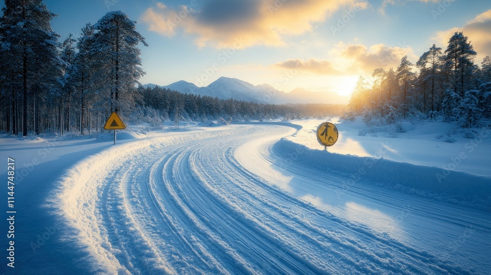 Fototapeta premium Snowy landscape with winding road and traffic signs.