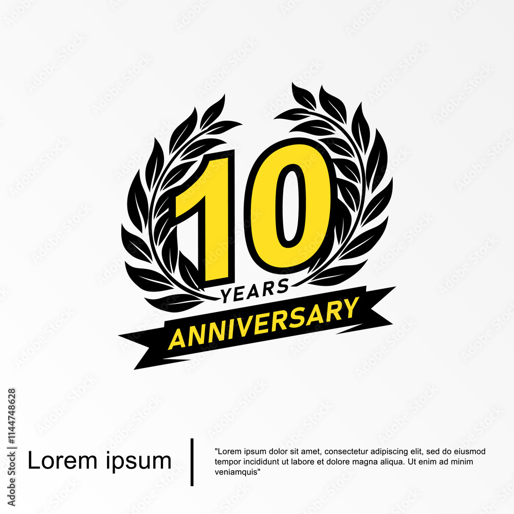 10th years anniversary celebration emblem. anniversary logo isolated with laurel wreath and ribbon. vector illustration template design for web, flyers, poster, invitation card or greeting card 10th years anniversary celebration emblem. anniversary logo isolated with laurel wreath and ribbon. vector illustration template design for web, flyers, poster, invitation card or greeting card