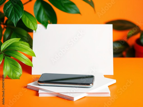 Smartphone and notebook on orange table, detailed foliage, post-minimalist neon background, with copy space photo