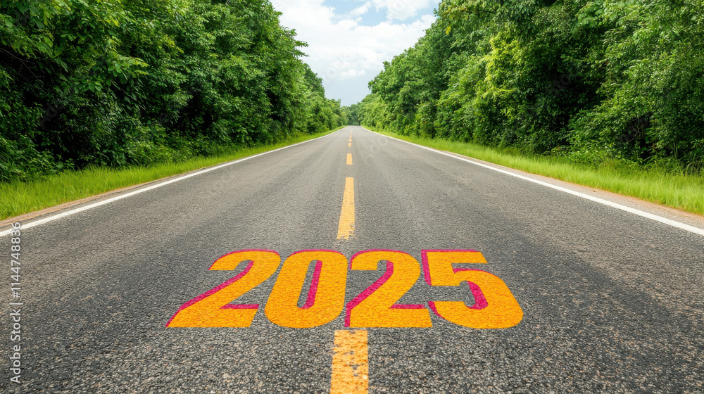 2025 Road concept. vibrant road with year 2025 painted on it, surrounded by lush greenery 2025 Road concept. vibrant road with year 2025 painted on it, surrounded by lush greenery