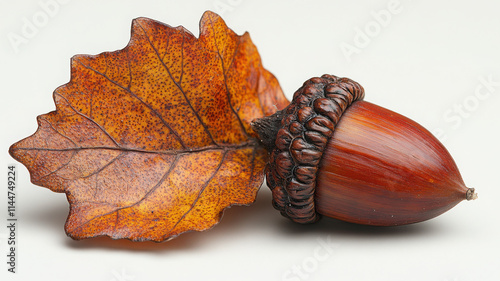 close up of single acorn with vibrant orange leaf, showcasing nature beauty and detail. acorn features rich brown color and intricate textures, perfect for autumn themes
