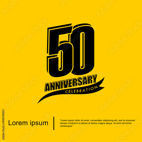 50th years anniversary celebration emblem. black anniversary logo isolated with ribbon on yellow background. vector illustration template design for web, flyers, poster, greeting card