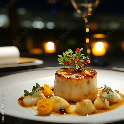Exquisite Gourmet Meal Artfully Plated in a Dreamlike Setting with Soft Lighting, Evoking Culinary Culture and Elegance in Every Bite