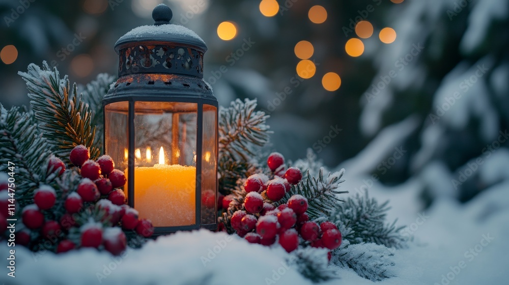 festive lantern surrounded by winter decorations festive lantern surrounded by winter decorations