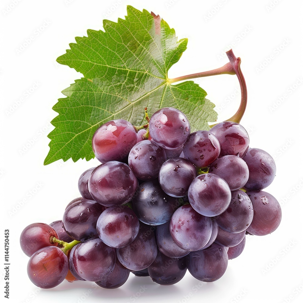 Fototapeta premium Fresh red grapes with water drops hanging on the vine with a leaf isolated on a white background