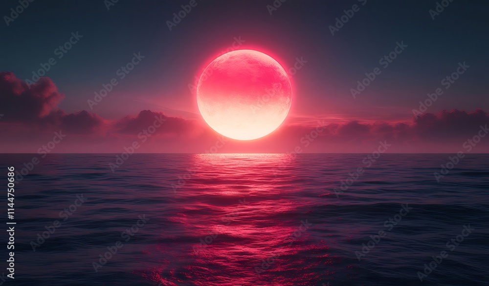 Pink moonrise over calm ocean at night. Pink moonrise over calm ocean at night.