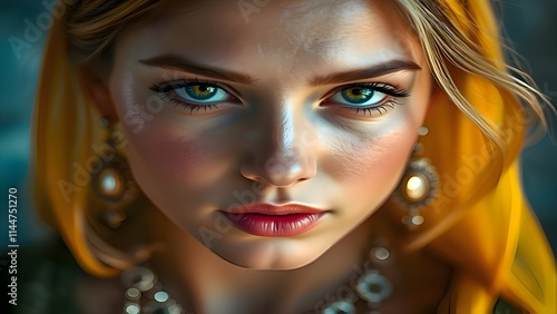 Close-Up Portrait of Young Woman with Blue and Gold Eyes photo