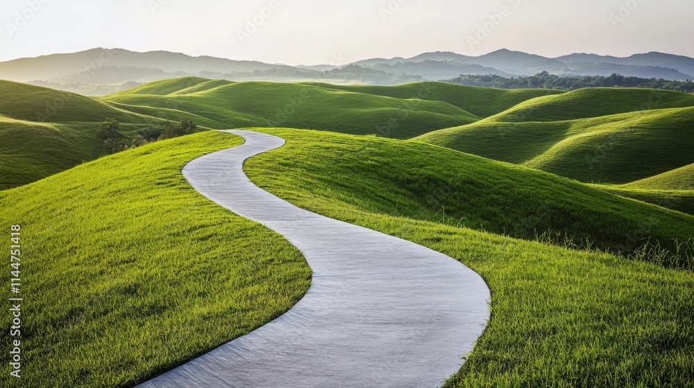 Serene concrete pathway meandering through a landscape of rolling green hills under a clear sky. Serene concrete pathway meandering through a landscape of rolling green hills under a clear sky.