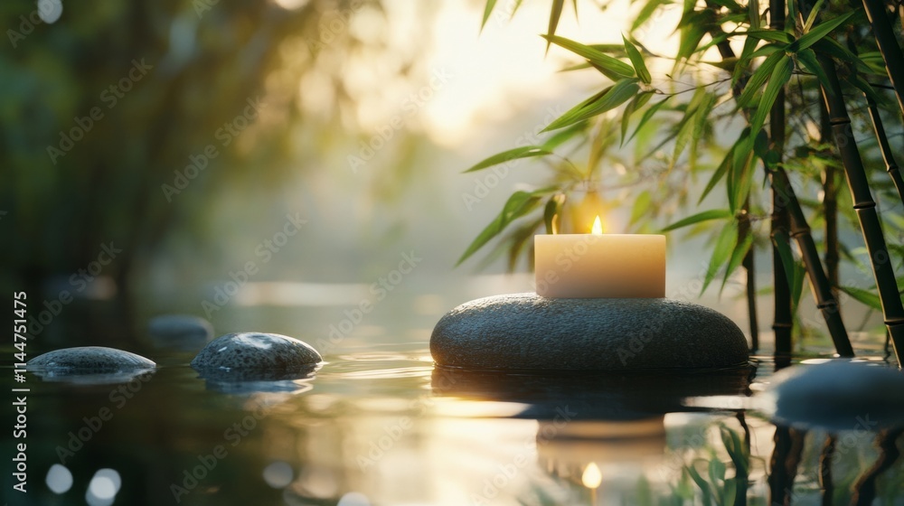 calm lake with stacked stones and lit candle with bamboo in the background, spa concept calm lake with stacked stones and lit candle with bamboo in the background, spa concept