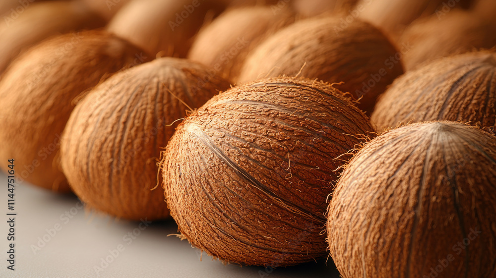 Coconuts arranged closely, showcasing their textured brown shells and natural fibers, creating visually appealing composition. Perfect for tropical themes or food related projects Coconuts arranged closely, showcasing their textured brown shells and natural fibers, creating visually appealing composition. Perfect for tropical themes or food related projects