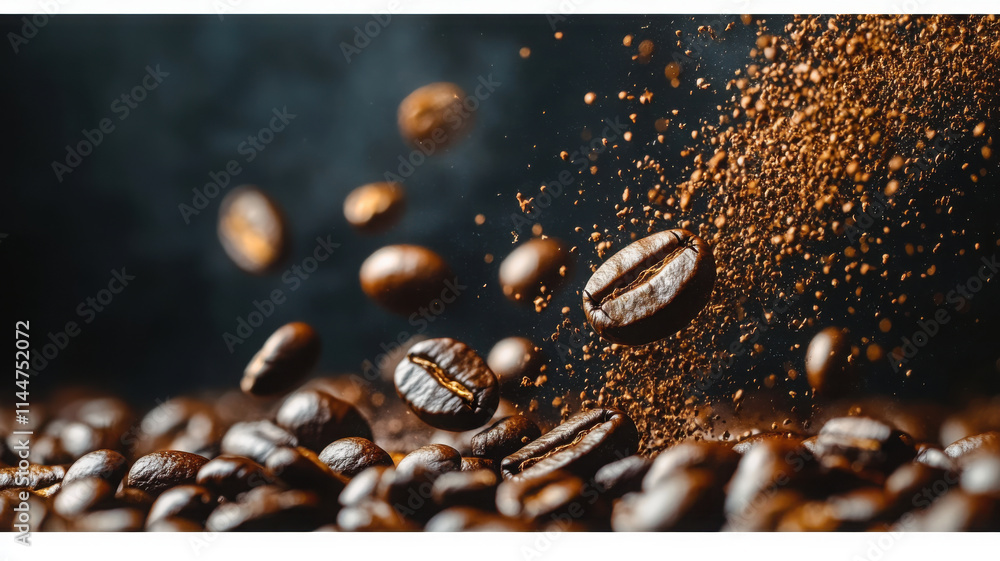 Rich coffee beans and ground coffee create dynamic scene, showcasing essence of coffee culture. dark background enhances texture and depth of beans and grounds Rich coffee beans and ground coffee create dynamic scene, showcasing essence of coffee culture. dark background enhances texture and depth of beans and grounds